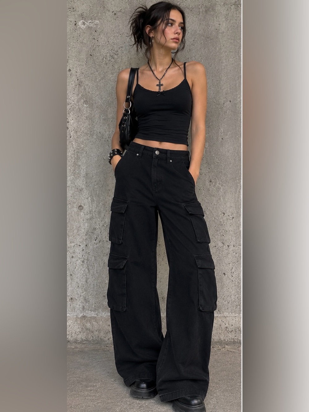 Refuge Black Wide-Leg Cargo Jeans Womens- Whimsigoth Y2K Grunge Utility Size XS